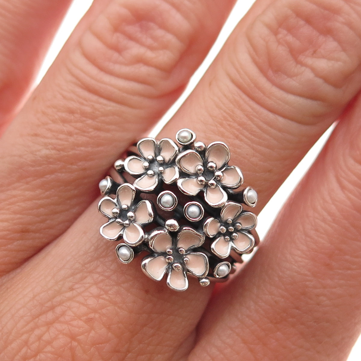 Pandora 925 Sterling Silver Enamel Real Pearl Cherry Blossom Bouquet Ring Size 7