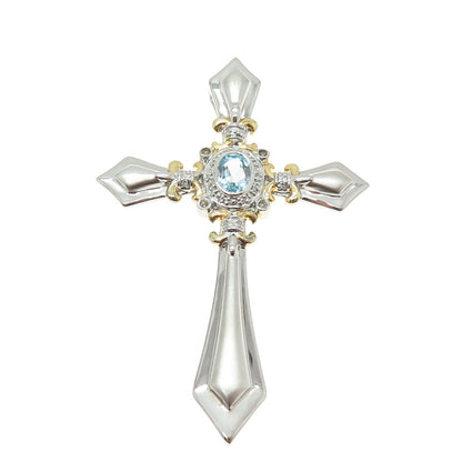 925 Sterling Silver 2-Tone Real Diamond & Blue Topaz Cross Pendant