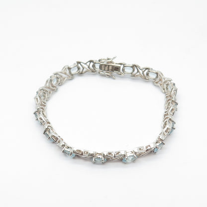 925 Sterling Silver HAN Real Blue Topaz Gemstone Tennis Link Bracelet 6.75"