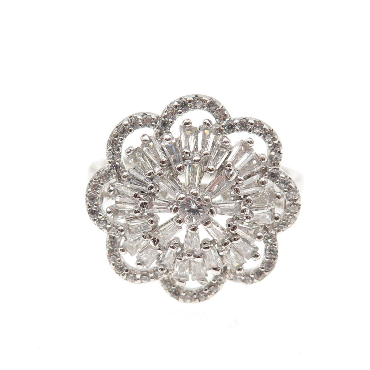 925 Sterling Silver Round & Tapered Baguette-Cut C Z Floral Ring Size 9