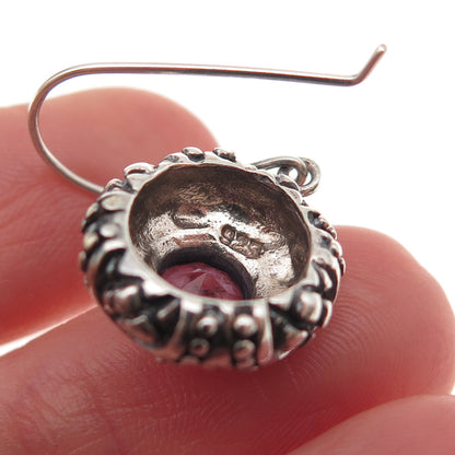 925 Sterling Silver Vintage Real Amethyst Dotted Oxidized Dangle Earrings