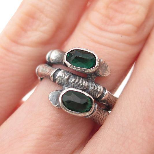 925 Sterling Silver Vintage Rhinestone Modernist Bamboo Oxidized Ring Size 5.75