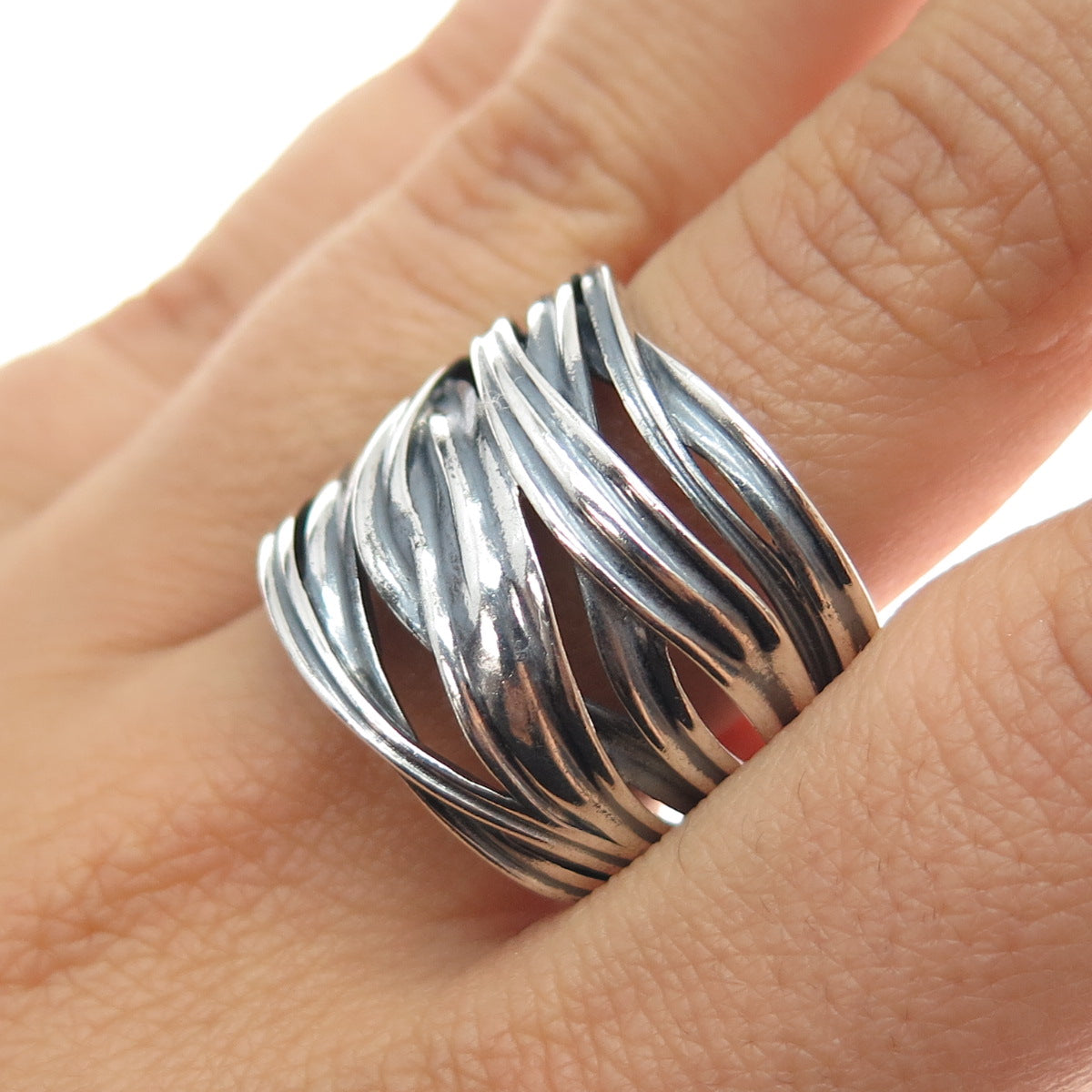 925 Sterling Silver Vintage Modernist Crisscross Oxidized Ring Size 10