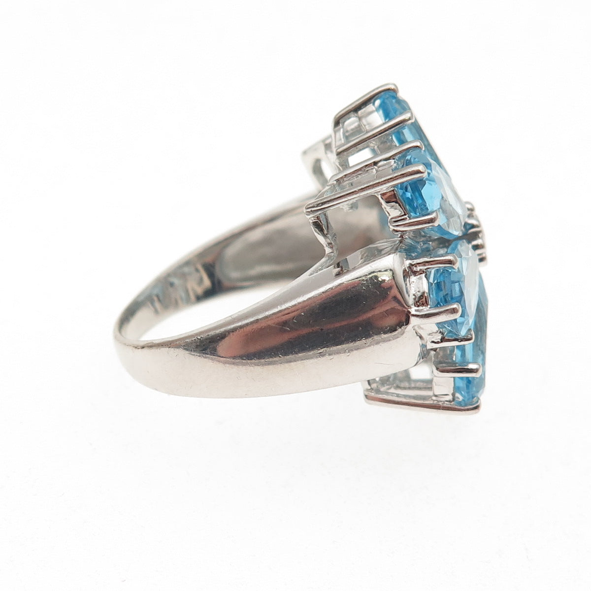 925 Sterling Silver Real Diamond & Swiss Blue Topaz Floral Ring Size 7.25