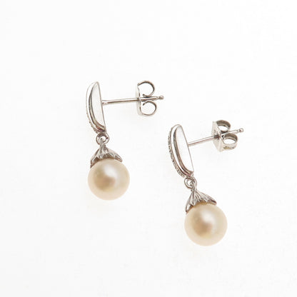 925 Sterling Silver Real Round-Cut Diamond & Pearl Dangle Earrings