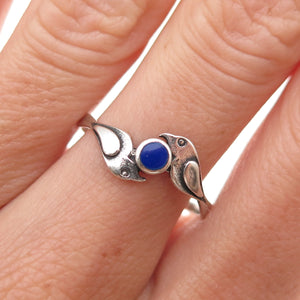 925 Sterling Silver Vintage Real Lapis Two Birds Oxidized Ring Size 9.25