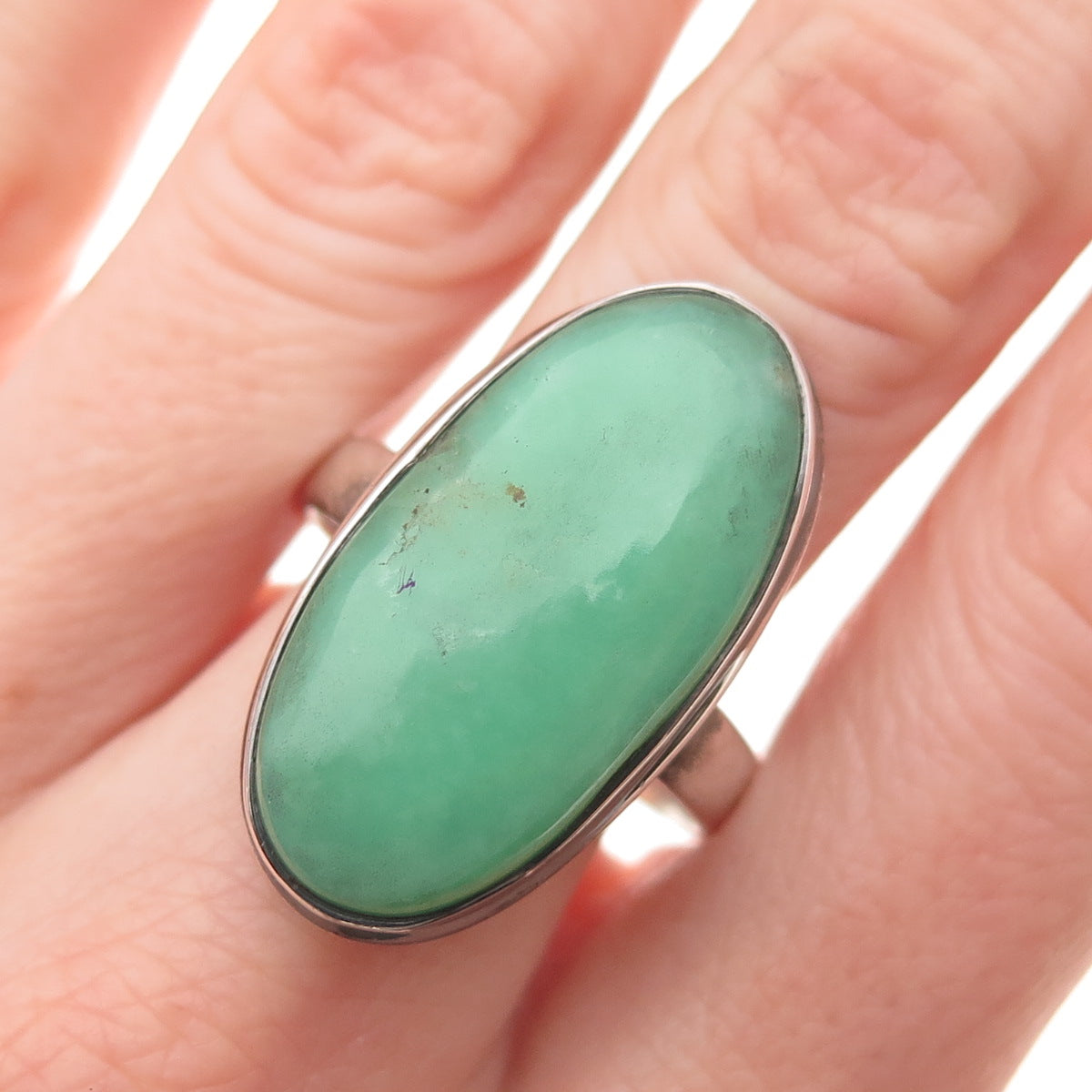925 Sterling Silver Vintage Real Cabochon Chrysoprase Oxidized Ring Size 11.25
