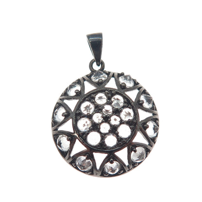 925 Sterling Silver Black Rhodium Real Round-Cut White Topaz Charm Pendant