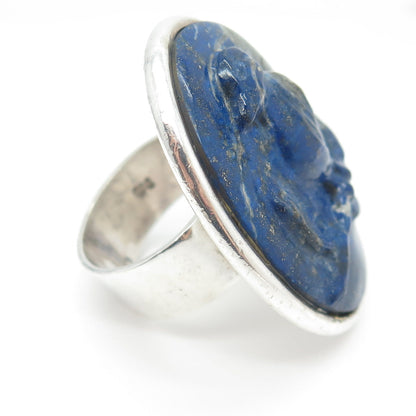 970 Silver Vintage Real Carved Lapis Lazuli Bird Cameo Statement Ring Size 10.5