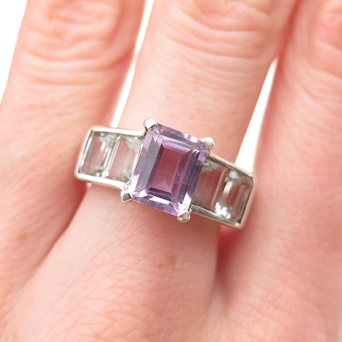 925 Sterling Silver Vintage Real Emerald-Cut Amethyst & White Topaz Ring Size 8