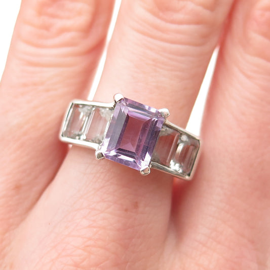 925 Sterling Silver Vintage Real Emerald-Cut Amethyst & White Topaz Ring Size 8
