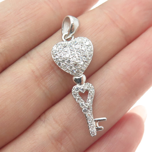 925 Sterling Silver Round-Cut Shaped C Z Heart & Key Pendant