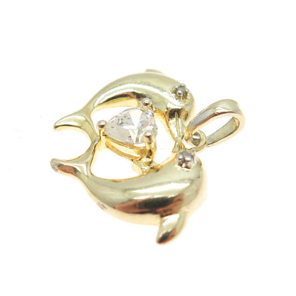 ROSS SIMONS 925 Sterling Gold Plated Diamond & C Z Couple of Dolphins Pendant