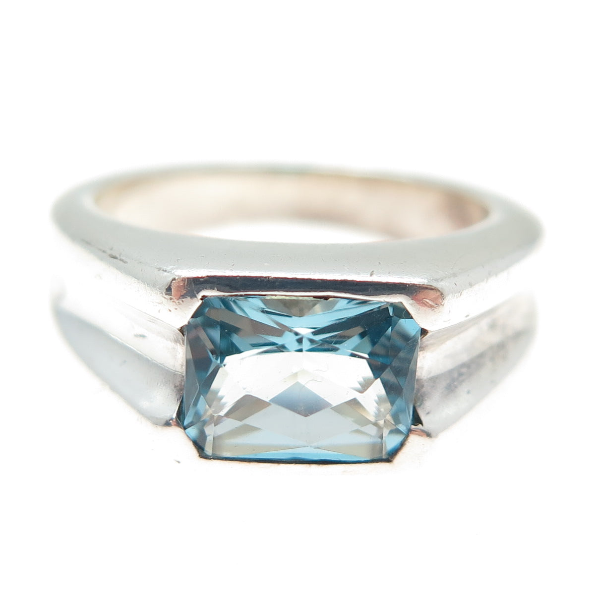 925 Sterling Silver Vintage Real Blue Topaz Modernist Ring Size 9.25