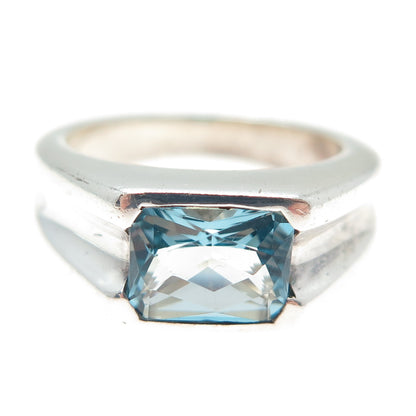 925 Sterling Silver Vintage Real Blue Topaz Modernist Ring Size 9.25