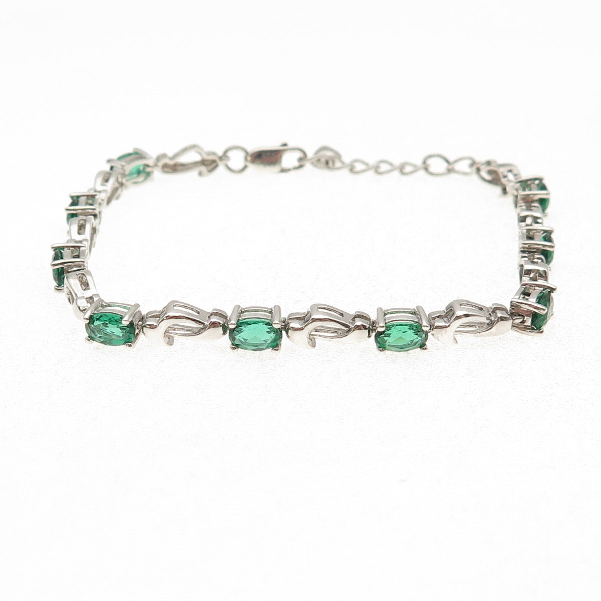 925 Sterling Silver Vintage Real Oval-Cut Chrome Diopside Bracelet 6.5-7.5"