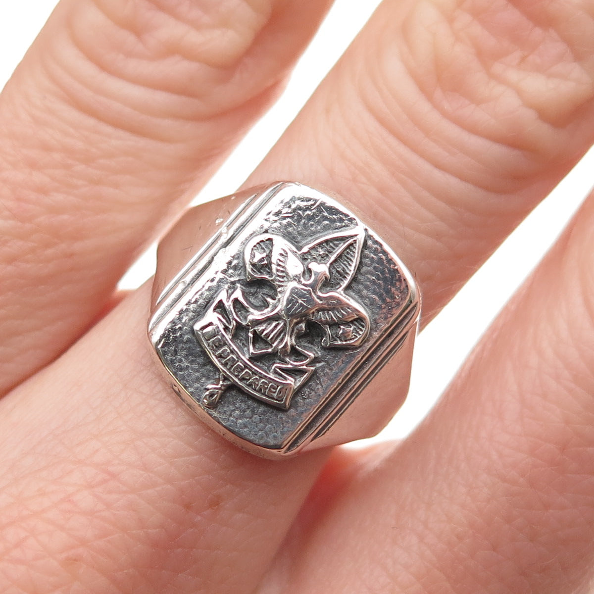 925 Sterling Silver Vintage US Boy Scouts Be Prepared Oxidized Ring Size 7