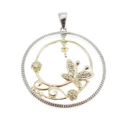 925 Sterling Silver 2-Tone Real Round-Cut Diamond Butterfly Round Pendant