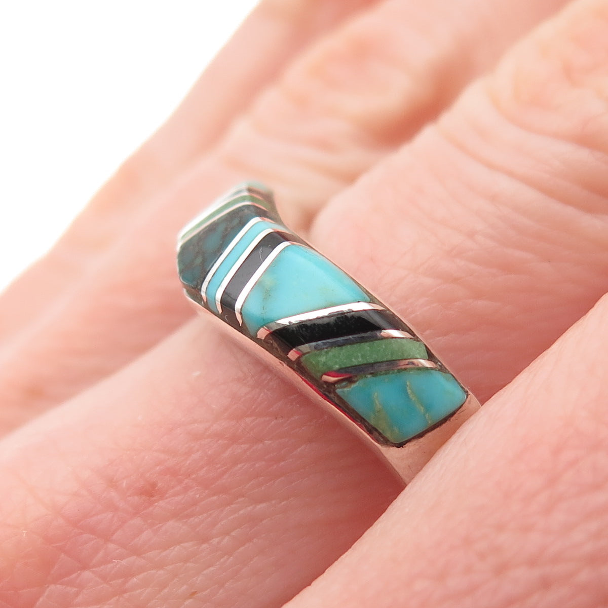 Old Pawn 925 Sterling Silver Vintage Turquoise & Black Onyx Wavy Ring Size 8.25