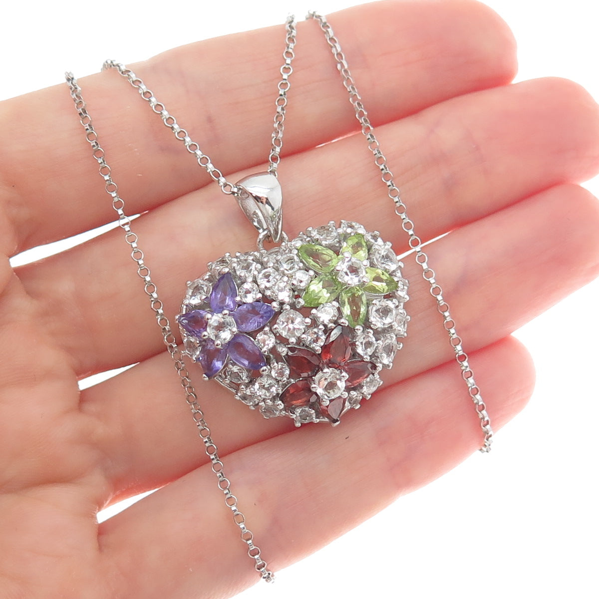 925 Sterling Silver Real Amethyst Topaz Peridot Garnet Heart Chain Necklace 18"
