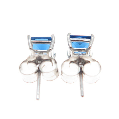 925 Sterling Silver Princess-Cut Dark Blue C Z Stud Earrings