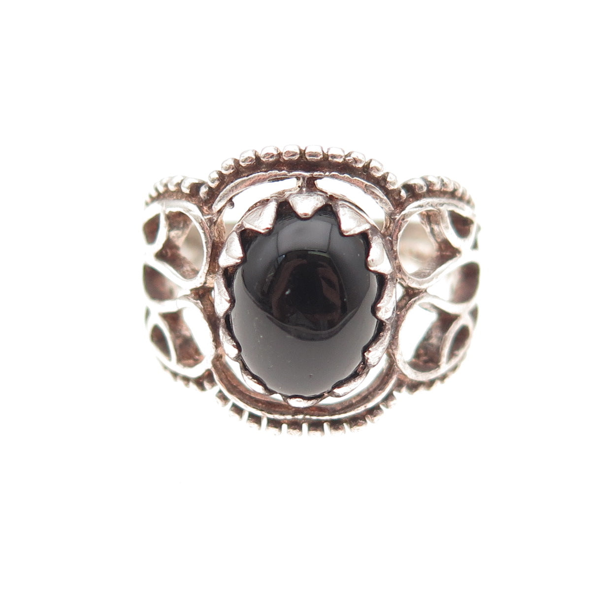 925 Sterling Silver Vintage Real Black Onyx Heart Oxidized Ring Size 6