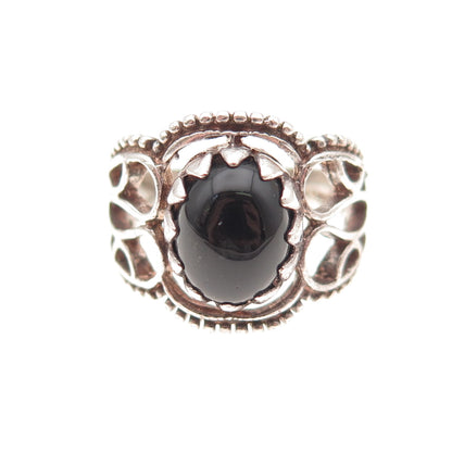 925 Sterling Silver Vintage Real Black Onyx Heart Oxidized Ring Size 6