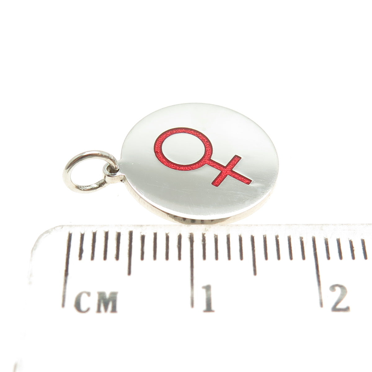 925 Sterling Silver Red Enamel Female Symbol Round Tag Minimalist Charm Pendant