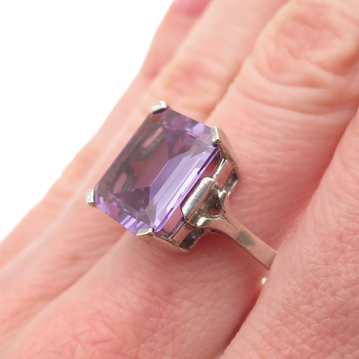 925 Sterling Silver Vintage Emerald-Cut Lab-Created Peacock Sapphire Ring Size 9