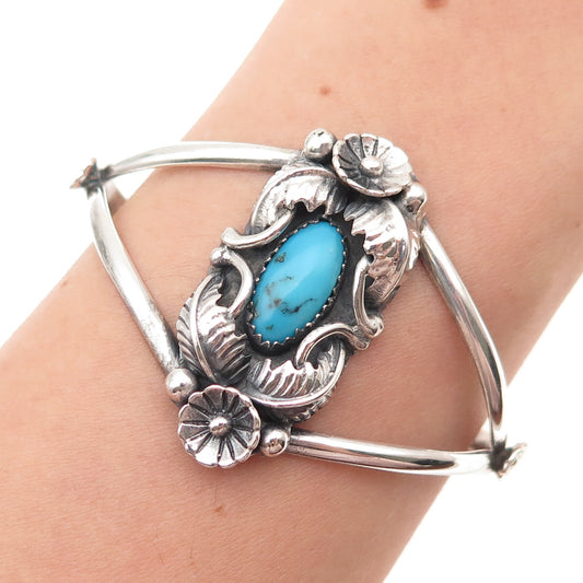 Old Pawn 925 Sterling Vintage Turquoise Flower Feather Adjustable Bracelet 5.75"