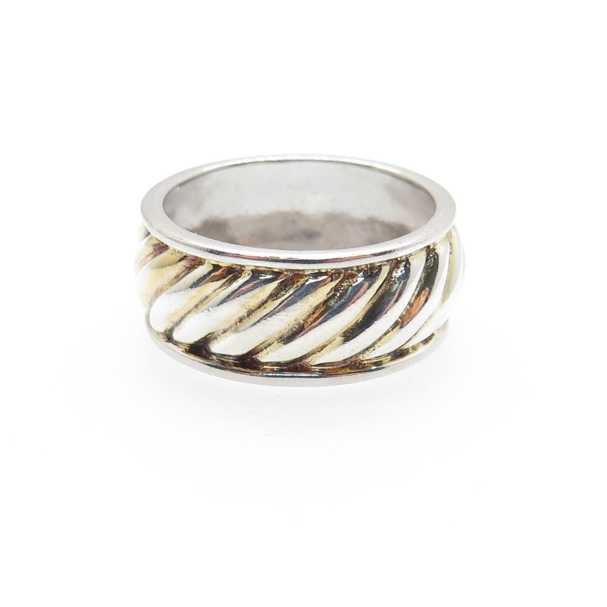 925 Sterling Silver 2-Tone Vintage Modernist Ribbed Band Ring Size 7.25