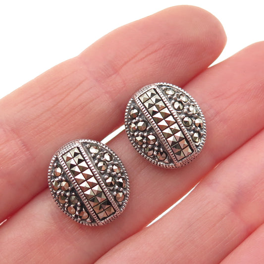 JUDITH JACK Sterling Silver Vintage Real Marcasite Oxidized Dome Stud Earrings