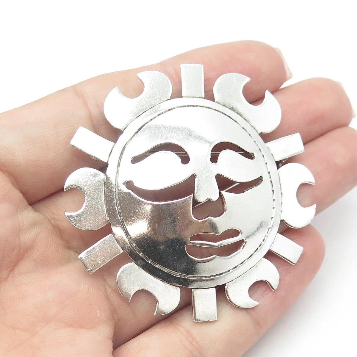 925 Sterling Silver Vintage Mexico Sun Face God Pin Brooch