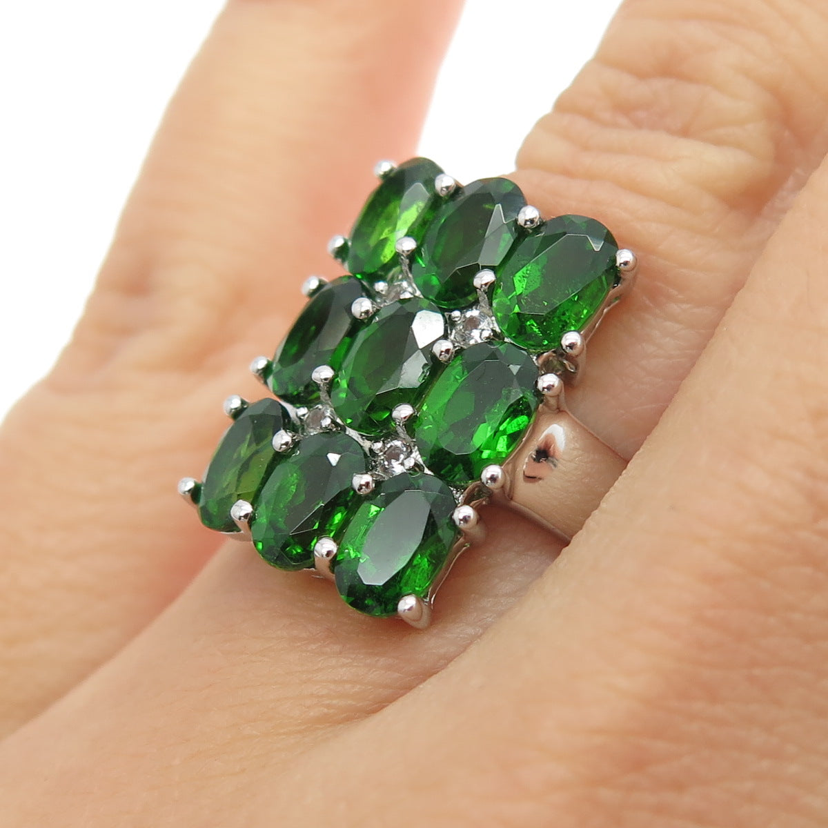 925 Sterling Silver Real Oval-Cut Chrome Diopside & White Topaz Ring Size 6