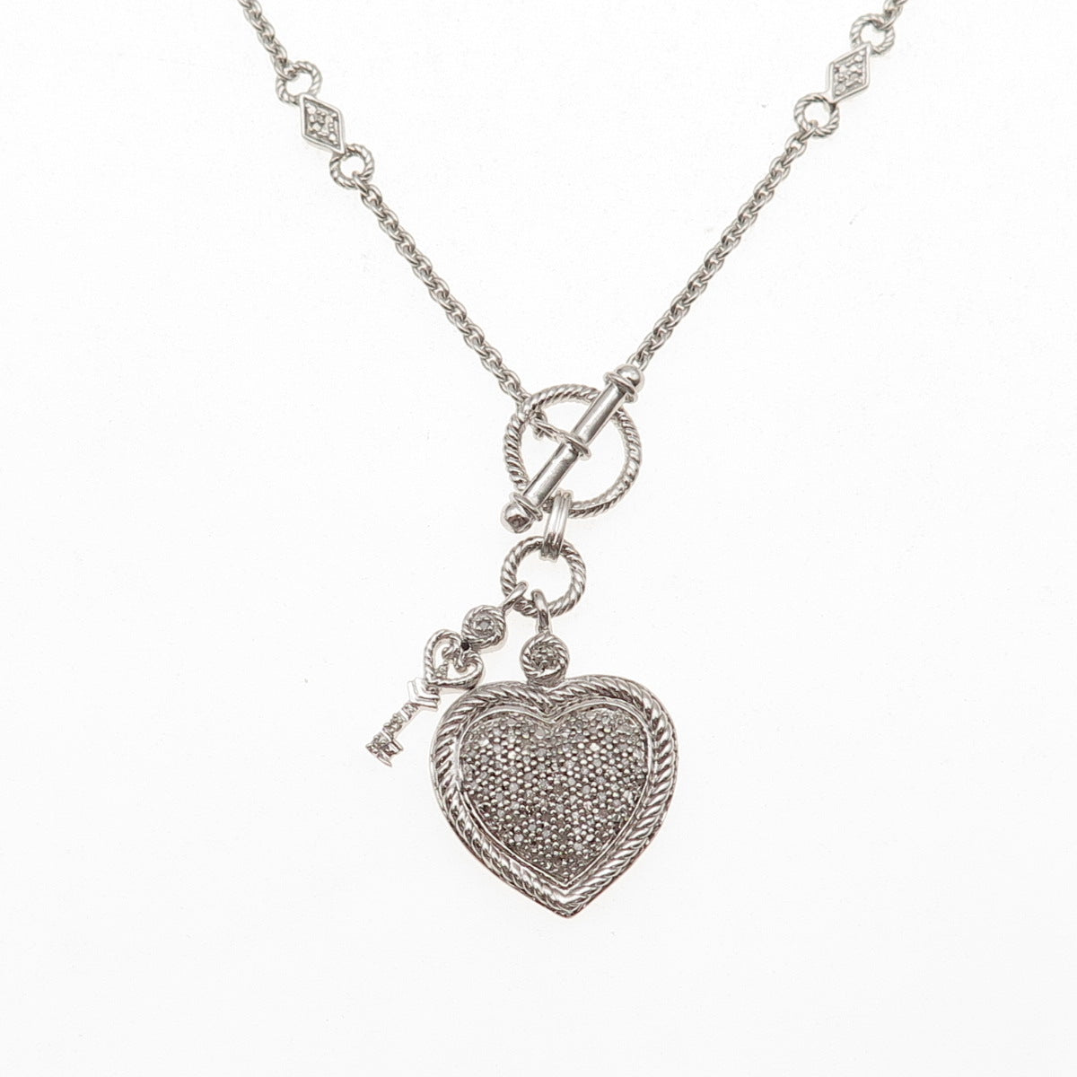 925 Sterling Silver Real Round-Cut Diamond Heart & Key Chain Necklace 18"