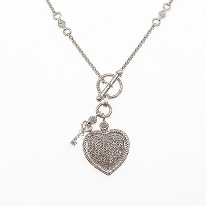 925 Sterling Silver Real Round-Cut Diamond Heart & Key Chain Necklace 18"