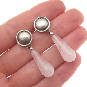 925 Sterling Silver 14K Gold Posts Vintage Real Rose Quartz Dangle Earrings