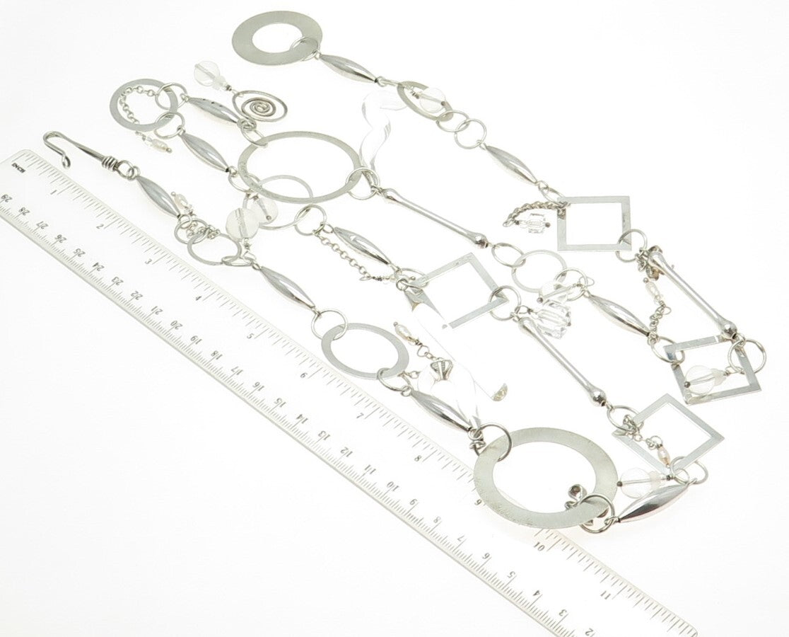 D.L. RIDGE 925 Sterling Silver Vintage Clear Glass Modernist Chain Necklace 40"