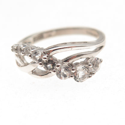 925 Sterling Silver Real Round-Cut Graduated White Topaz Crisscross Ring Size 7