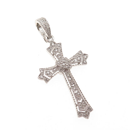 925 Sterling Silver Real Round-Cut Diamond Cross Charm Pendant
