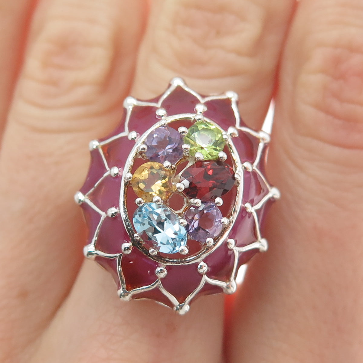 925 Sterling Silver Enamel Topaz Garnet Amethyst Peridot Citrine Ring Size 7.25
