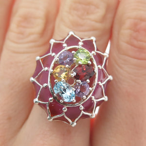 925 Sterling Silver Enamel Topaz Garnet Amethyst Peridot Citrine Ring Size 7.25