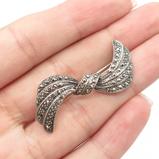 925 Sterling Silver Vintage Real Marcasite Gemstone Bow Pin Brooch