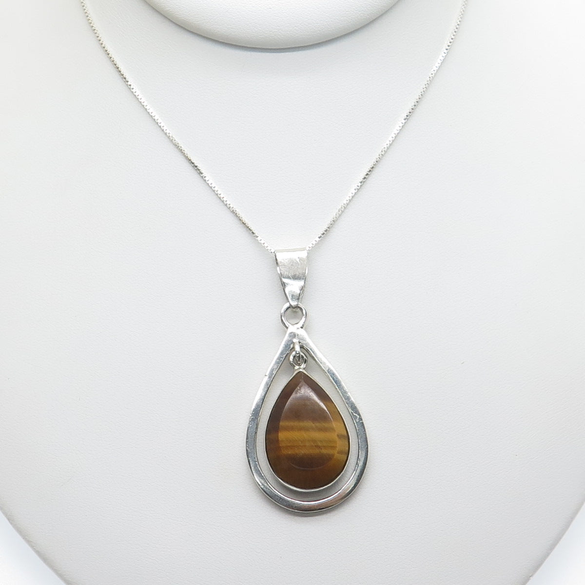 925 Sterling Silver Vintage Mexico Real Tiger Eye Box Chain Necklace 18"