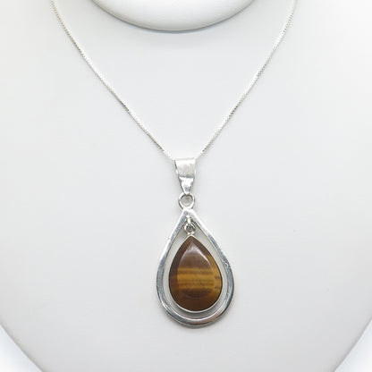 925 Sterling Silver Vintage Mexico Real Tiger Eye Box Chain Necklace 18"