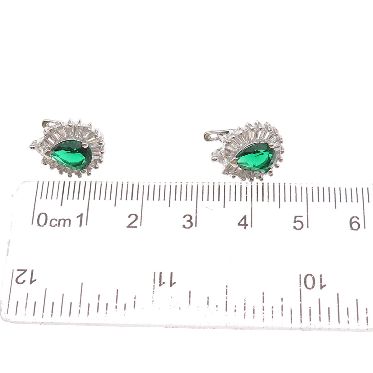925 Sterling Silver Green & White C Z Teardrop Earrings