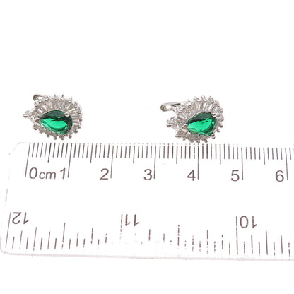 925 Sterling Silver Green & White C Z Teardrop Earrings