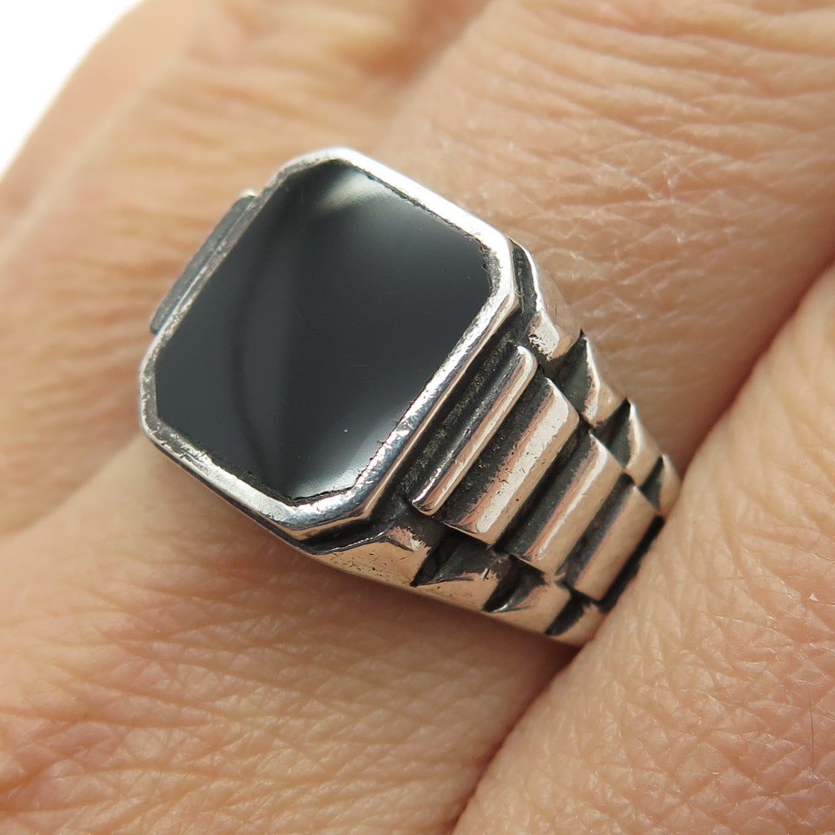 925 Sterling Silver Vintage Real Black Onyx Oxidized Chain Ring Size 10.25