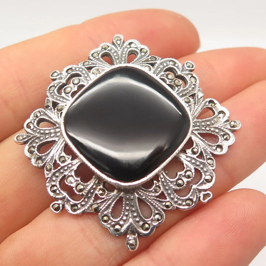 925 Sterling Silver Vintage Black Onyx & Marcasite Gem Art-Deco-Style Pin Brooch