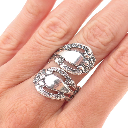 Beau 925 Sterling Silver Vintage Rose Floral Oxidized Adjustable Ring Size 8.5